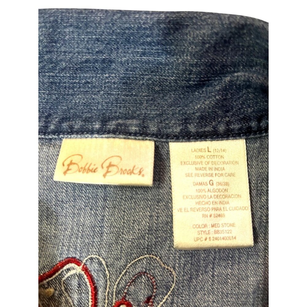 Vintage Early 2000s Bobbie Brooks Denim Blouse Womens L Floral Embroidered - Picture 8 of 16